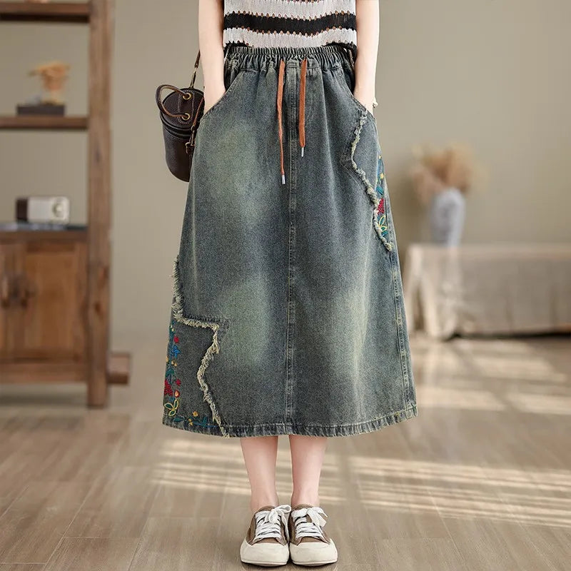 High Waist Casual Denim Skirt Women New 2024 Spring Vintage Style Streetwear Floral Embroidery Female A-line Long Skirts B3713