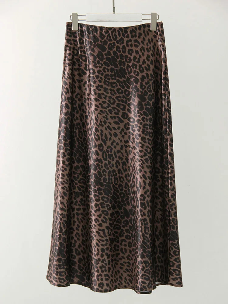 MiuKoMiYa Spring Satin Leopard Print Maxi Skirt Women High Waist A Line Office Slim Long Leopard Skirt For Women Elegant 2025