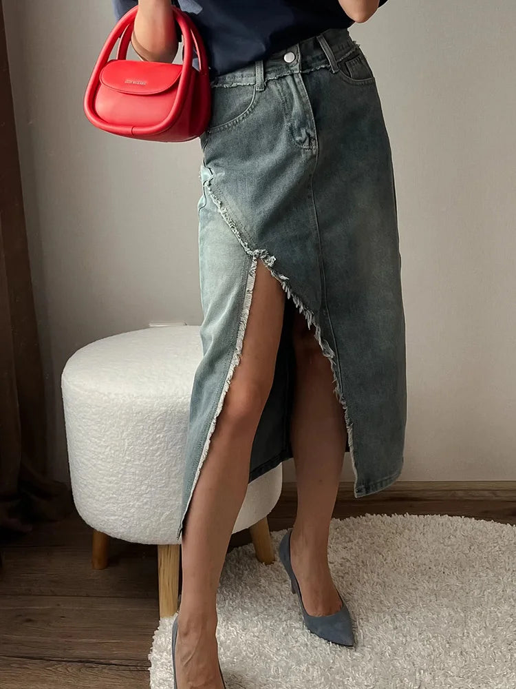 MiuKoMiYa Midi Sexy Denim Skirts Women Summer 2025 High Waist Straight Midi Jeans Skirt For Women Denim Skirts With Slit