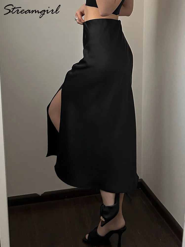 Women High Quality Satin Skirt Midi Elastic Waist Split Skirts Ladies Office Black A Line Satin Skirts With Split For Women