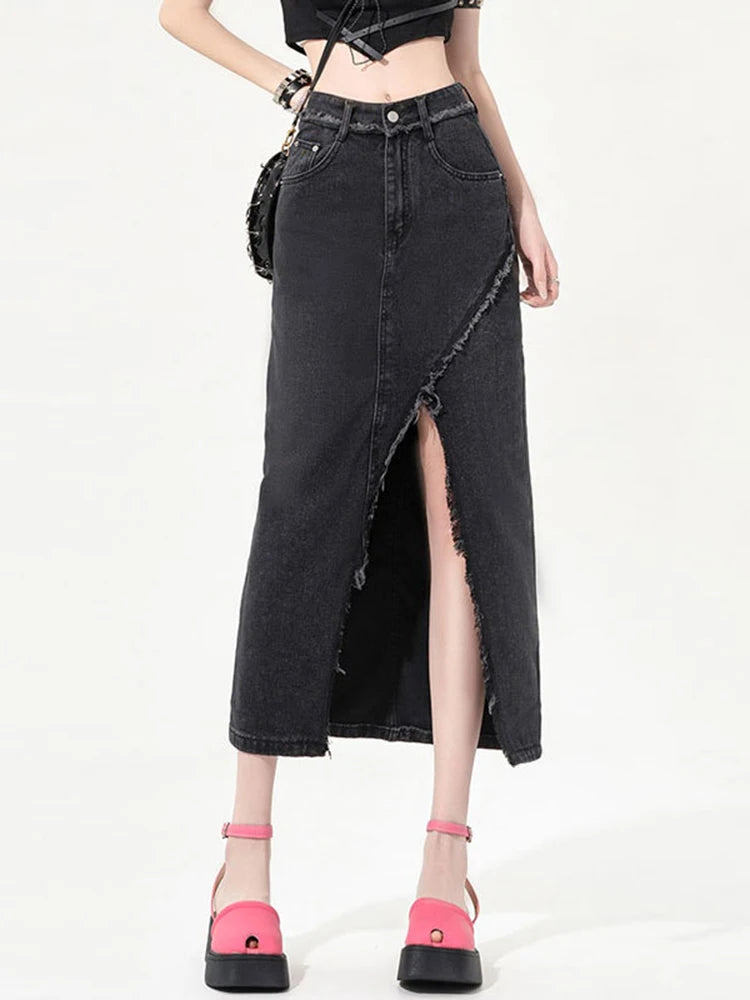 MiuKoMiYa Midi Sexy Denim Skirts Women Summer 2025 High Waist Straight Midi Jeans Skirt For Women Denim Skirts With Slit