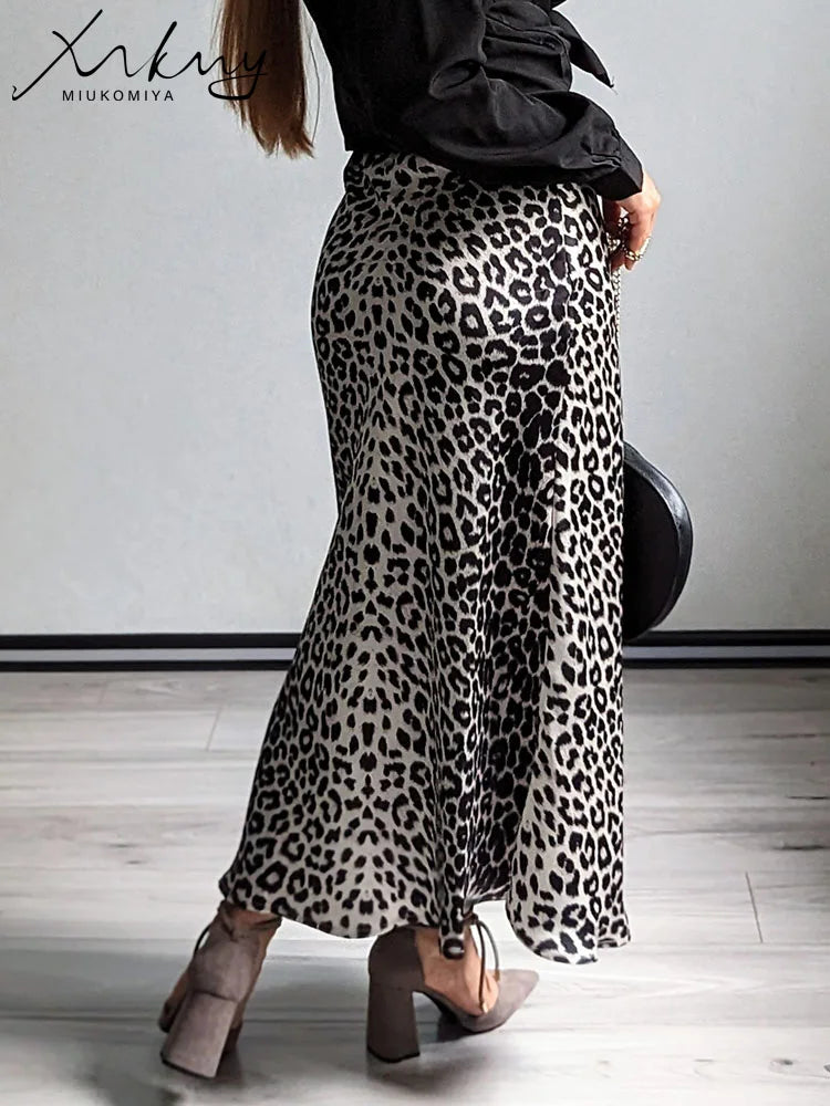 MiuKoMiYa Spring Satin Leopard Print Maxi Skirt Women High Waist A Line Office Slim Long Leopard Skirt For Women Elegant 2025
