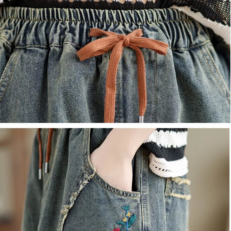 High Waist Casual Denim Skirt Women New 2024 Spring Vintage Style Streetwear Floral Embroidery Female A-line Long Skirts B3713
