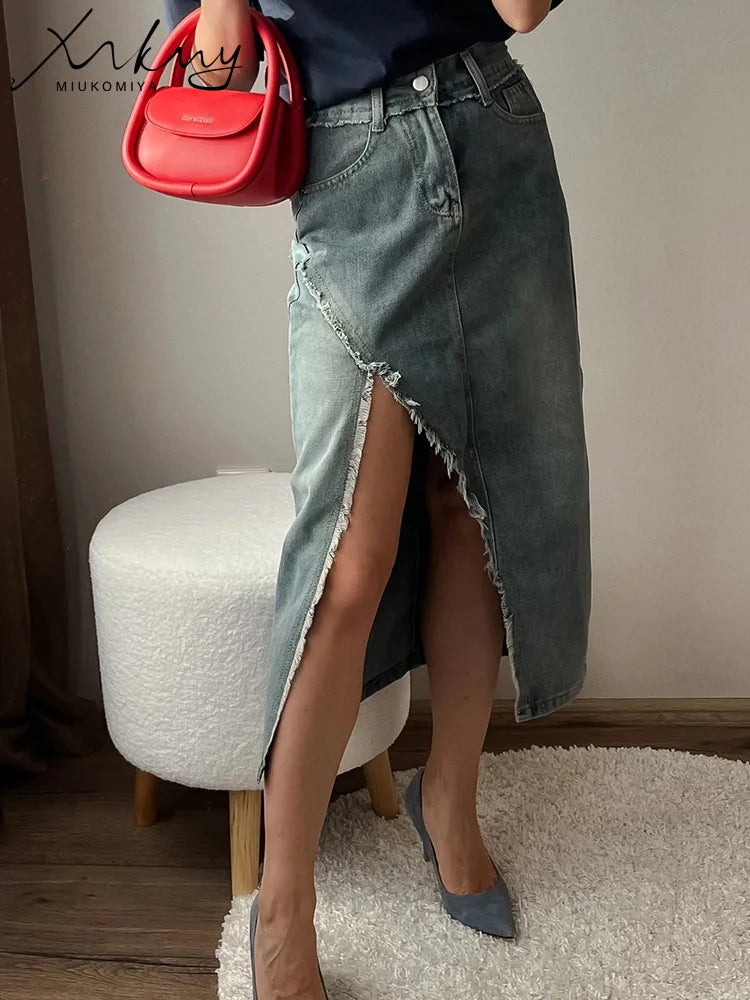 MiuKoMiYa Midi Sexy Denim Skirts Women Summer 2025 High Waist Straight Midi Jeans Skirt For Women Denim Skirts With Slit