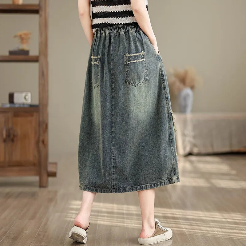 High Waist Casual Denim Skirt Women New 2024 Spring Vintage Style Streetwear Floral Embroidery Female A-line Long Skirts B3713
