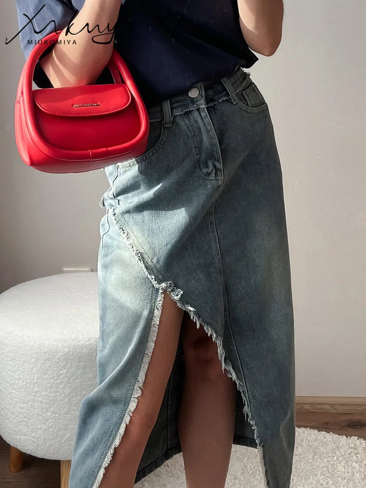 MiuKoMiYa Midi Sexy Denim Skirts Women Summer 2025 High Waist Straight Midi Jeans Skirt For Women Denim Skirts With Slit