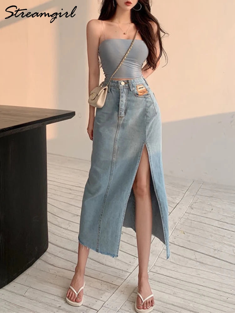 Streamgirl Maxi Jeans Skirt Women Denim Long Skirts Summer 2024 Vintage Maxi Skirt Side Split Denim Skirt Women Long Korean