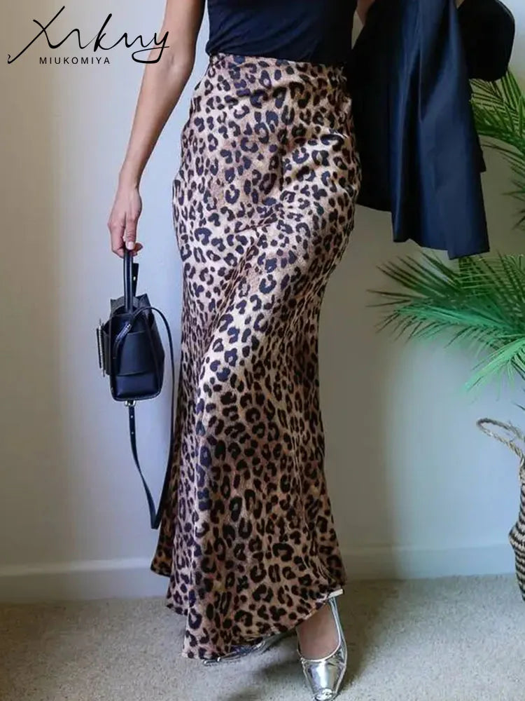 MiuKoMiYa Spring Satin Leopard Print Maxi Skirt Women High Waist A Line Office Slim Long Leopard Skirt For Women Elegant 2025