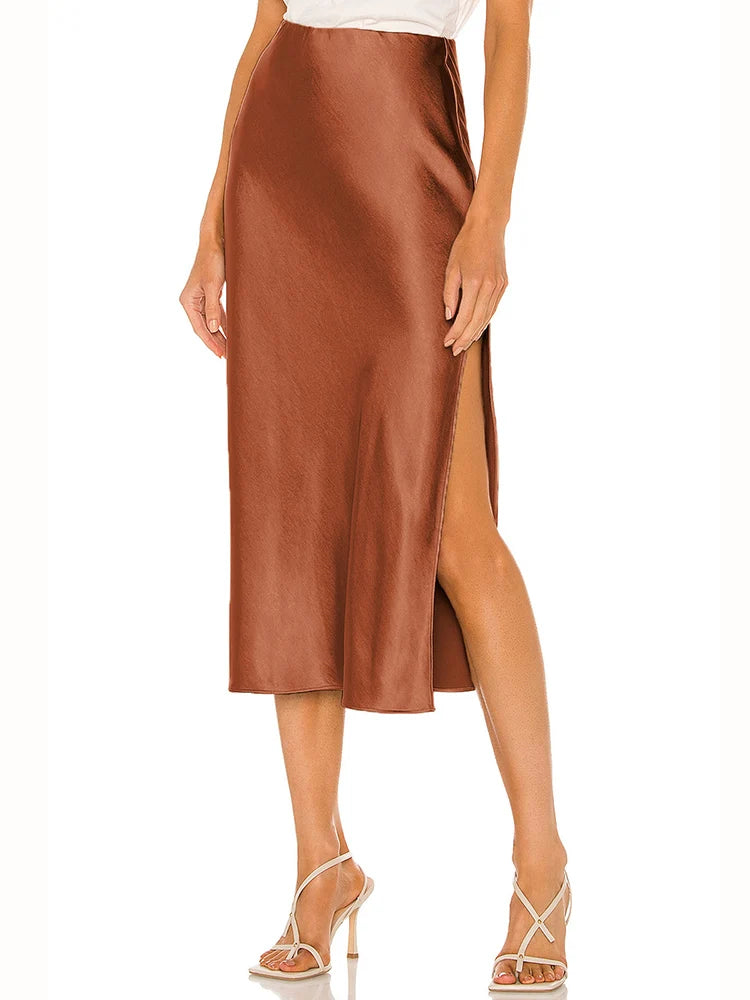 Women High Quality Satin Skirt Midi Elastic Waist Split Skirts Ladies Office Black A Line Satin Skirts With Split For Women