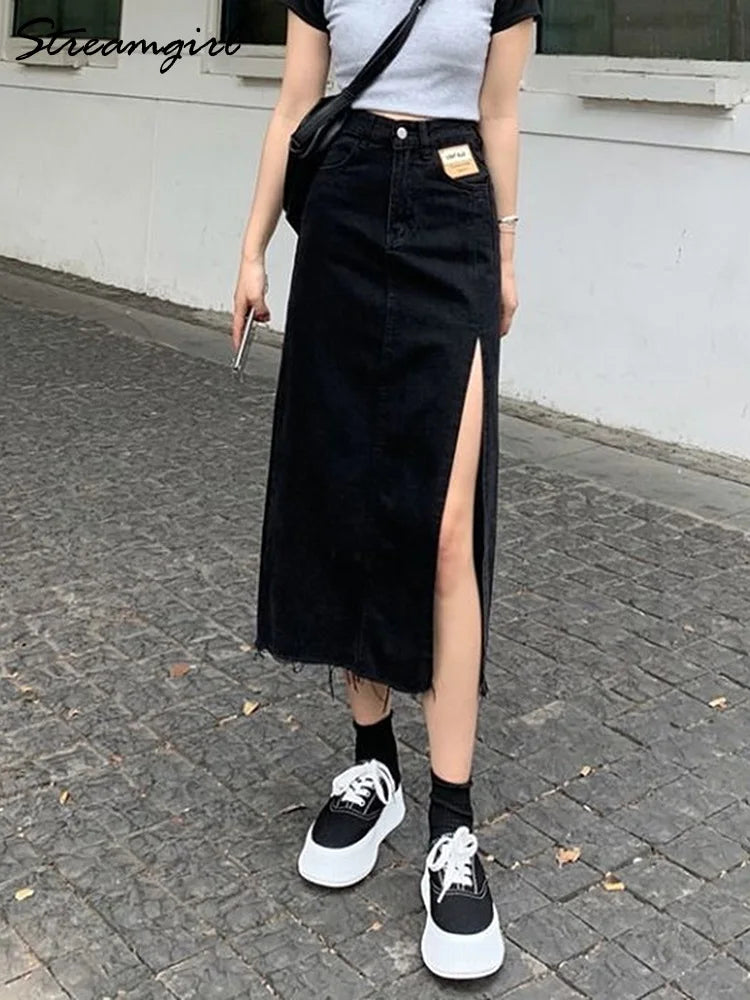 Streamgirl Maxi Jeans Skirt Women Denim Long Skirts Summer 2024 Vintage Maxi Skirt Side Split Denim Skirt Women Long Korean