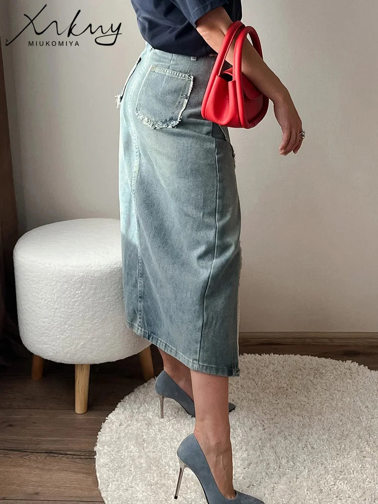 MiuKoMiYa Midi Sexy Denim Skirts Women Summer 2025 High Waist Straight Midi Jeans Skirt For Women Denim Skirts With Slit