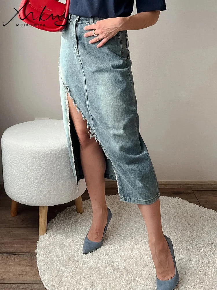 MiuKoMiYa Midi Sexy Denim Skirts Women Summer 2025 High Waist Straight Midi Jeans Skirt For Women Denim Skirts With Slit