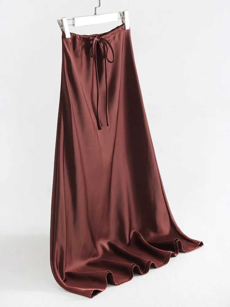 Streamgirl Black Long Satin Skirt For Women High Waist Lace Up Maxi Brown Straight Skirt Gray Women Satin Skirts Long Elegant