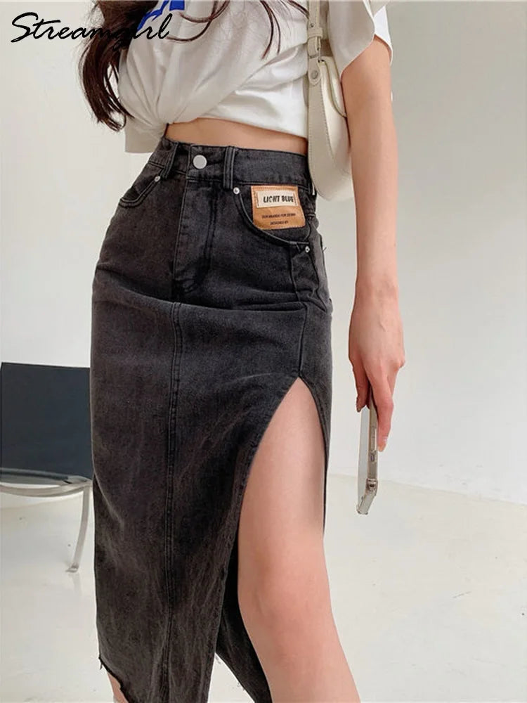 Streamgirl Maxi Jeans Skirt Women Denim Long Skirts Summer 2024 Vintage Maxi Skirt Side Split Denim Skirt Women Long Korean