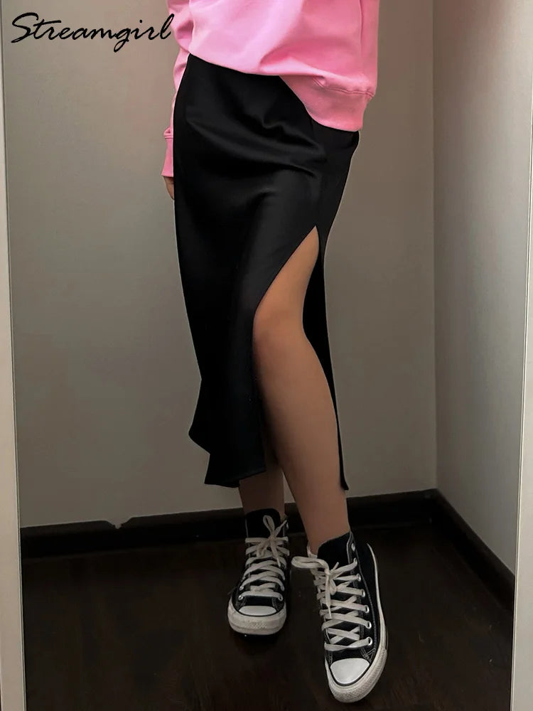 Women High Quality Satin Skirt Midi Elastic Waist Split Skirts Ladies Office Black A Line Satin Skirts With Split For Women
