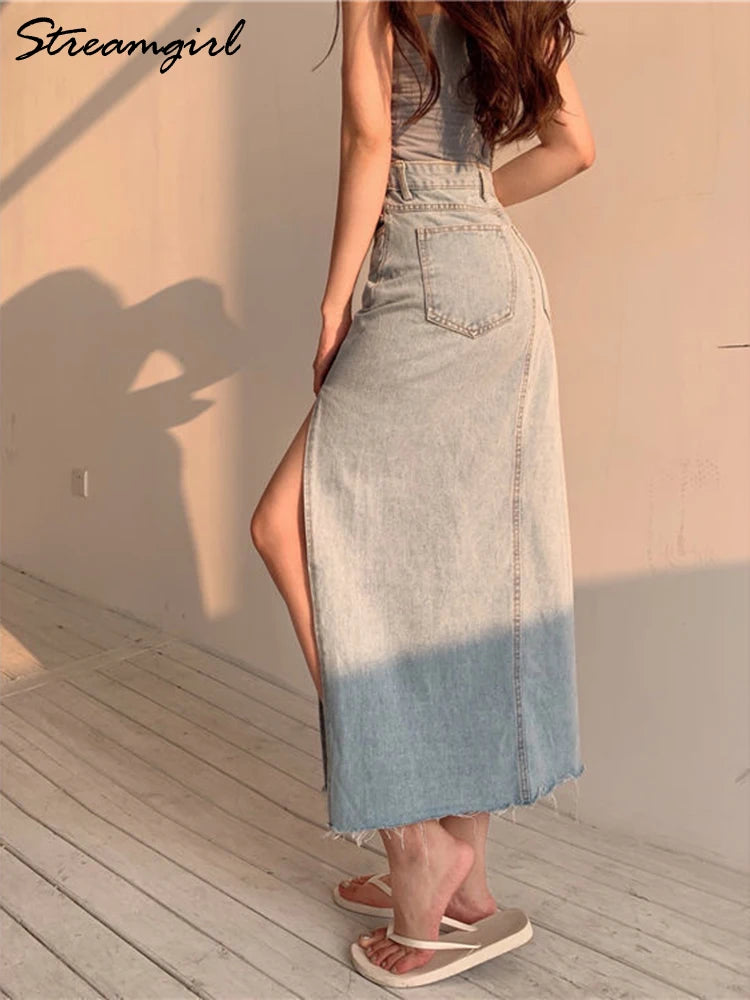 Streamgirl Maxi Jeans Skirt Women Denim Long Skirts Summer 2024 Vintage Maxi Skirt Side Split Denim Skirt Women Long Korean