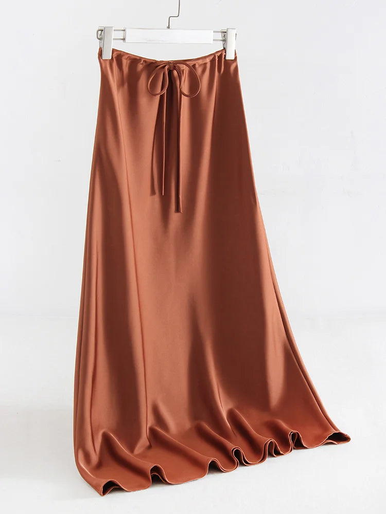 Streamgirl Black Long Satin Skirt For Women High Waist Lace Up Maxi Brown Straight Skirt Gray Women Satin Skirts Long Elegant