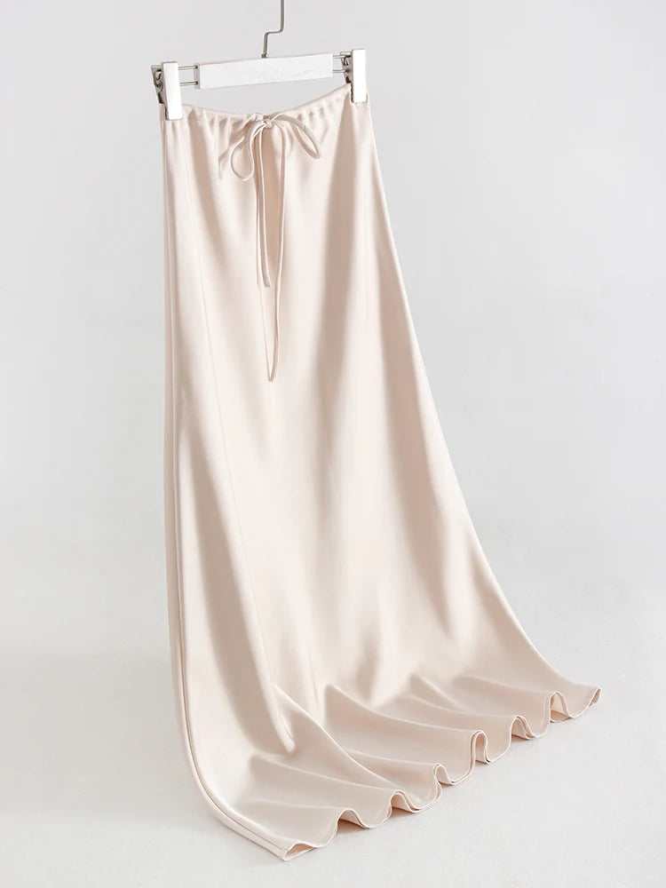 Streamgirl Black Long Satin Skirt For Women High Waist Lace Up Maxi Brown Straight Skirt Gray Women Satin Skirts Long Elegant