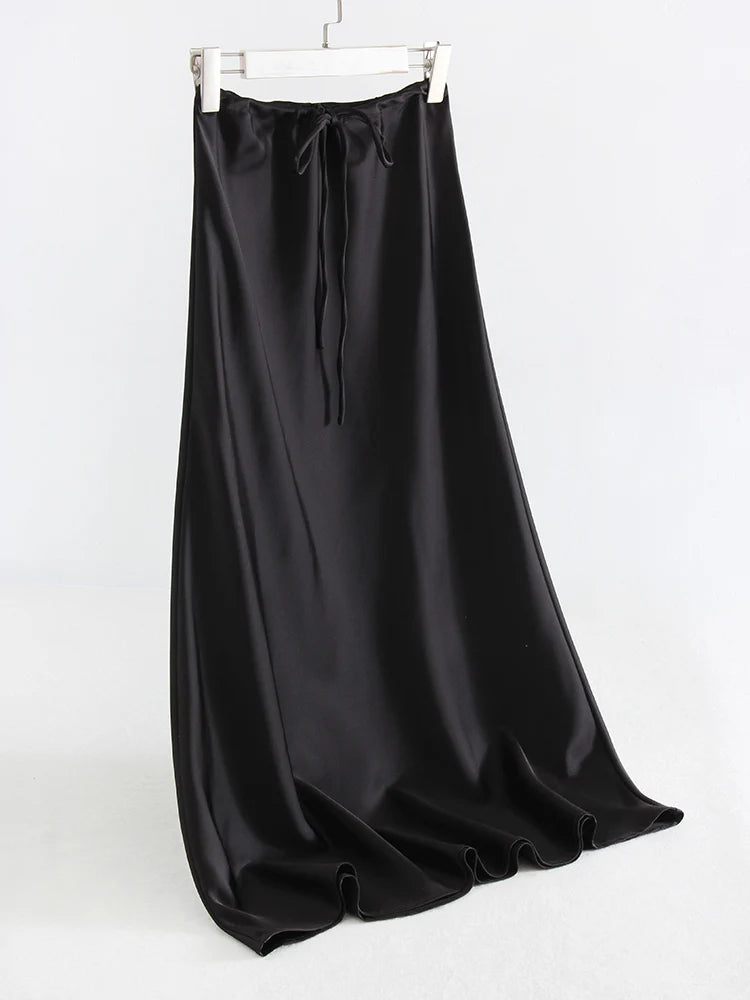 Streamgirl Black Long Satin Skirt For Women High Waist Lace Up Maxi Brown Straight Skirt Gray Women Satin Skirts Long Elegant