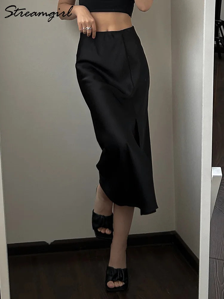 Women High Quality Satin Skirt Midi Elastic Waist Split Skirts Ladies Office Black A Line Satin Skirts With Split For Women