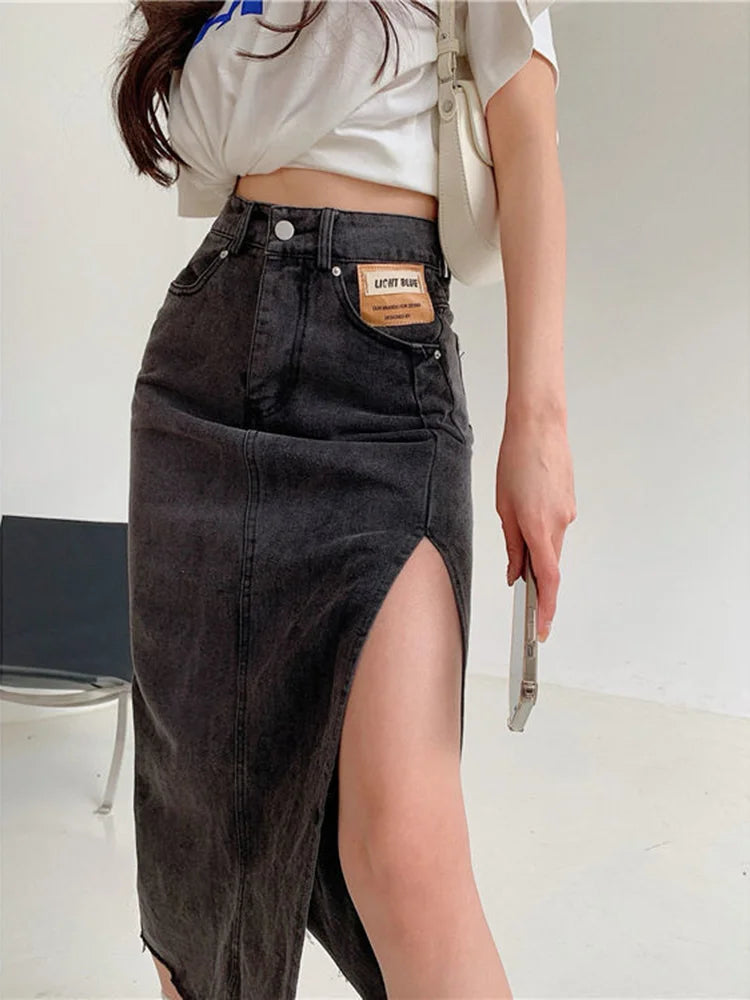 Streamgirl Maxi Jeans Skirt Women Denim Long Skirts Summer 2024 Vintage Maxi Skirt Side Split Denim Skirt Women Long Korean