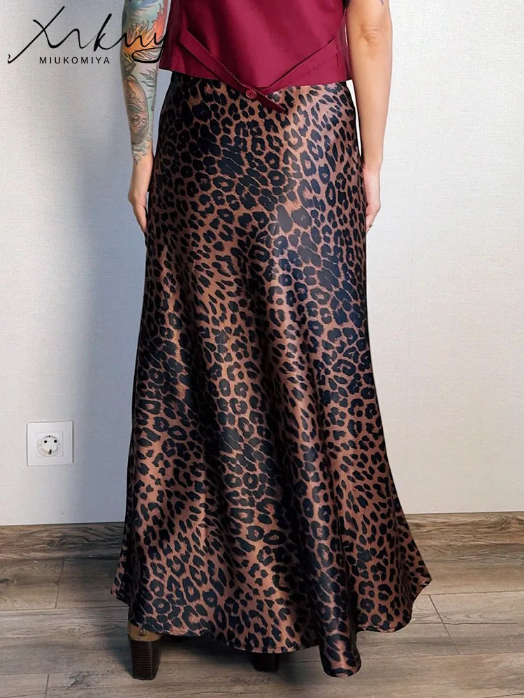 MiuKoMiYa Spring Satin Leopard Print Maxi Skirt Women High Waist A Line Office Slim Long Leopard Skirt For Women Elegant 2025