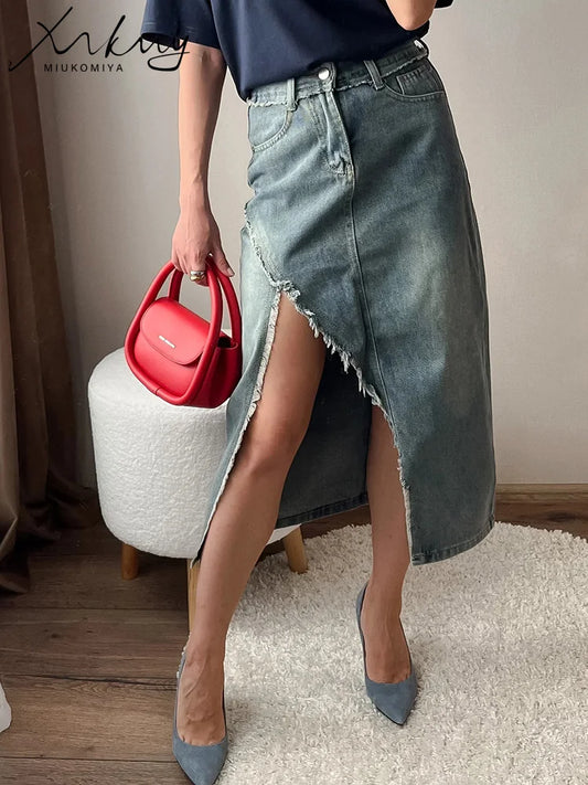 MiuKoMiYa Midi Sexy Denim Skirts Women Summer 2025 High Waist Straight Midi Jeans Skirt For Women Denim Skirts With Slit