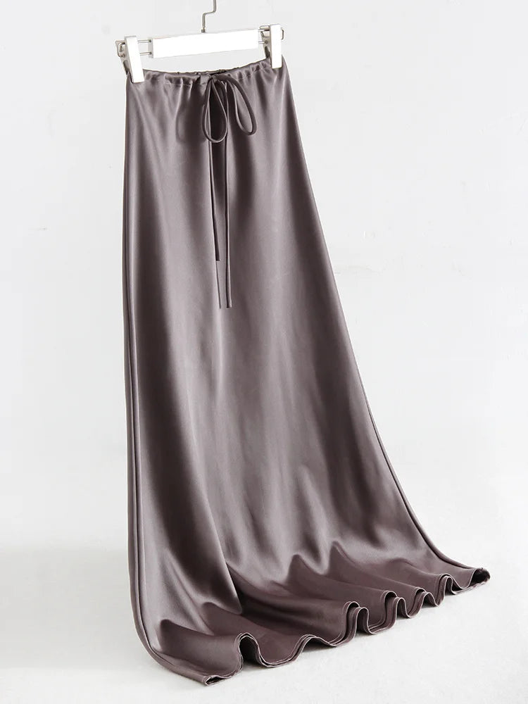 Streamgirl Black Long Satin Skirt For Women High Waist Lace Up Maxi Brown Straight Skirt Gray Women Satin Skirts Long Elegant