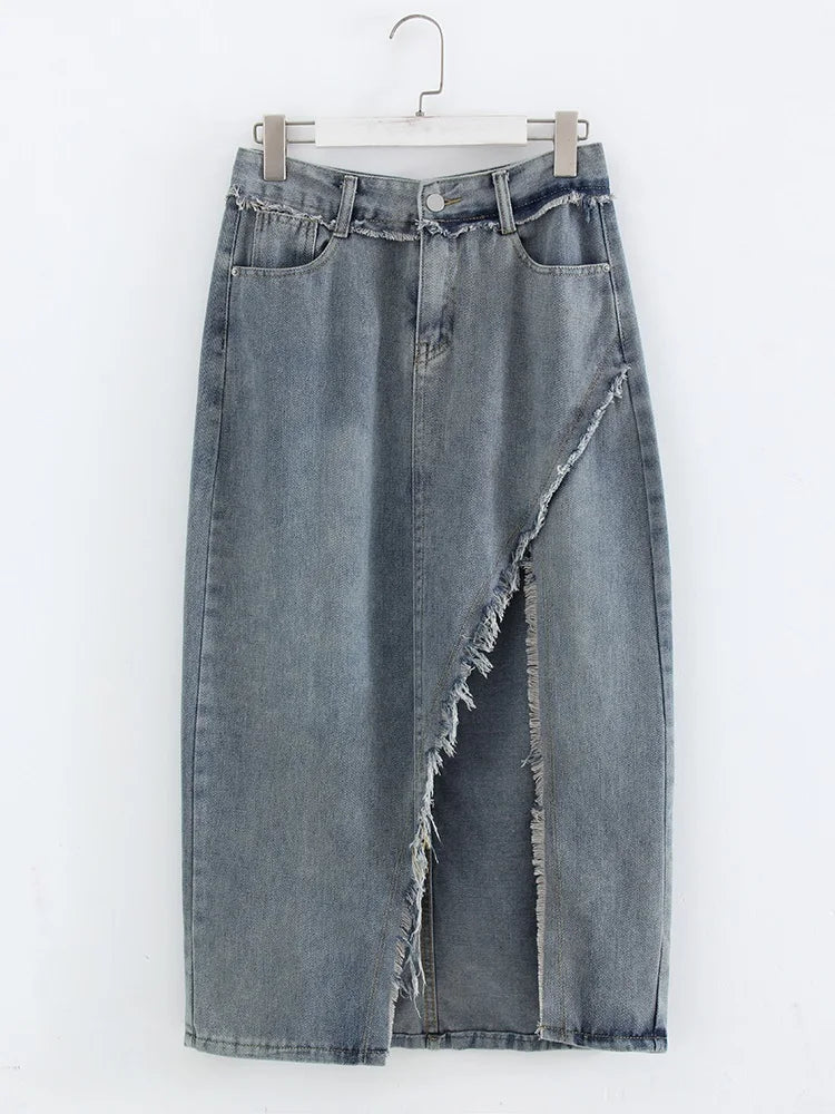 Streamgirl Irregular Split Denim Skirts For Women Midi Summer Casual Tassel Denim Skirt Lady Sexy A Line Jeans Skirt Women 2024