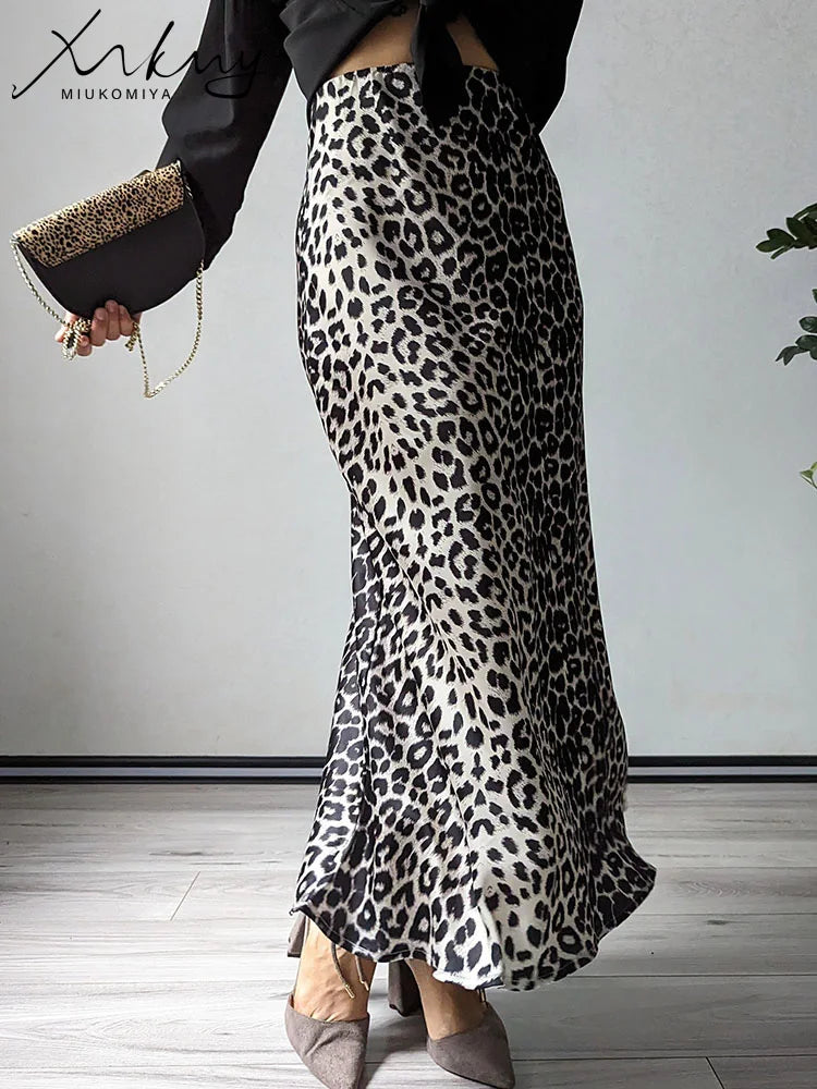 MiuKoMiYa Spring Satin Leopard Print Maxi Skirt Women High Waist A Line Office Slim Long Leopard Skirt For Women Elegant 2025