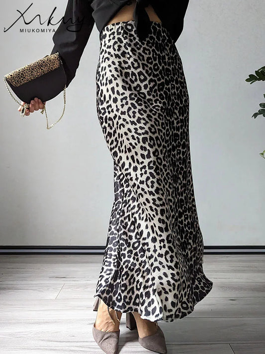 MiuKoMiYa Spring Satin Leopard Print Maxi Skirt Women High Waist A Line Office Slim Long Leopard Skirt For Women Elegant 2025