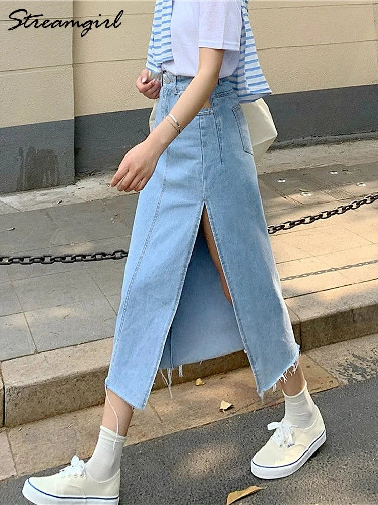 Streamgirl Maxi Jeans Skirt Women Denim Long Skirts Summer 2024 Vintage Maxi Skirt Side Split Denim Skirt Women Long Korean