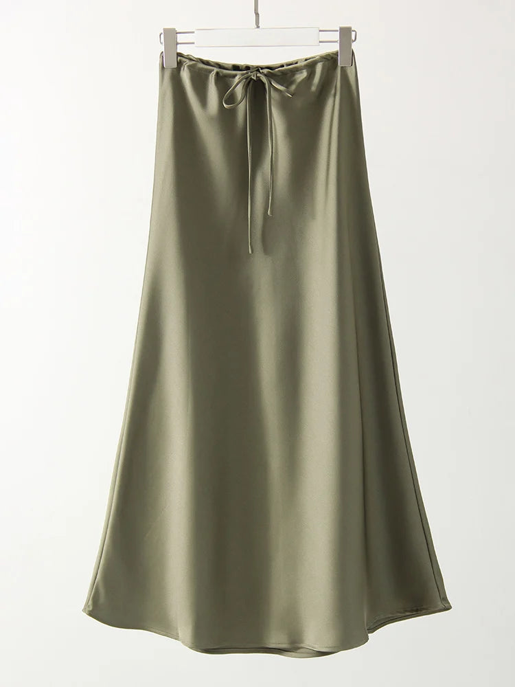 Streamgirl Black Long Satin Skirt For Women High Waist Lace Up Maxi Brown Straight Skirt Gray Women Satin Skirts Long Elegant