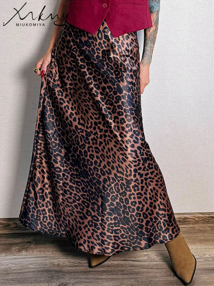 MiuKoMiYa Spring Satin Leopard Print Maxi Skirt Women High Waist A Line Office Slim Long Leopard Skirt For Women Elegant 2025